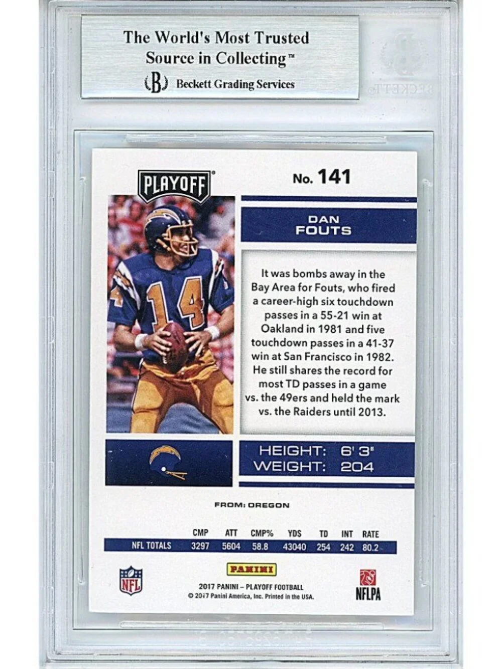 Dan Fouts Chargers Signed 2017 Playoff Football Card Beckett BAS Slab Autograph